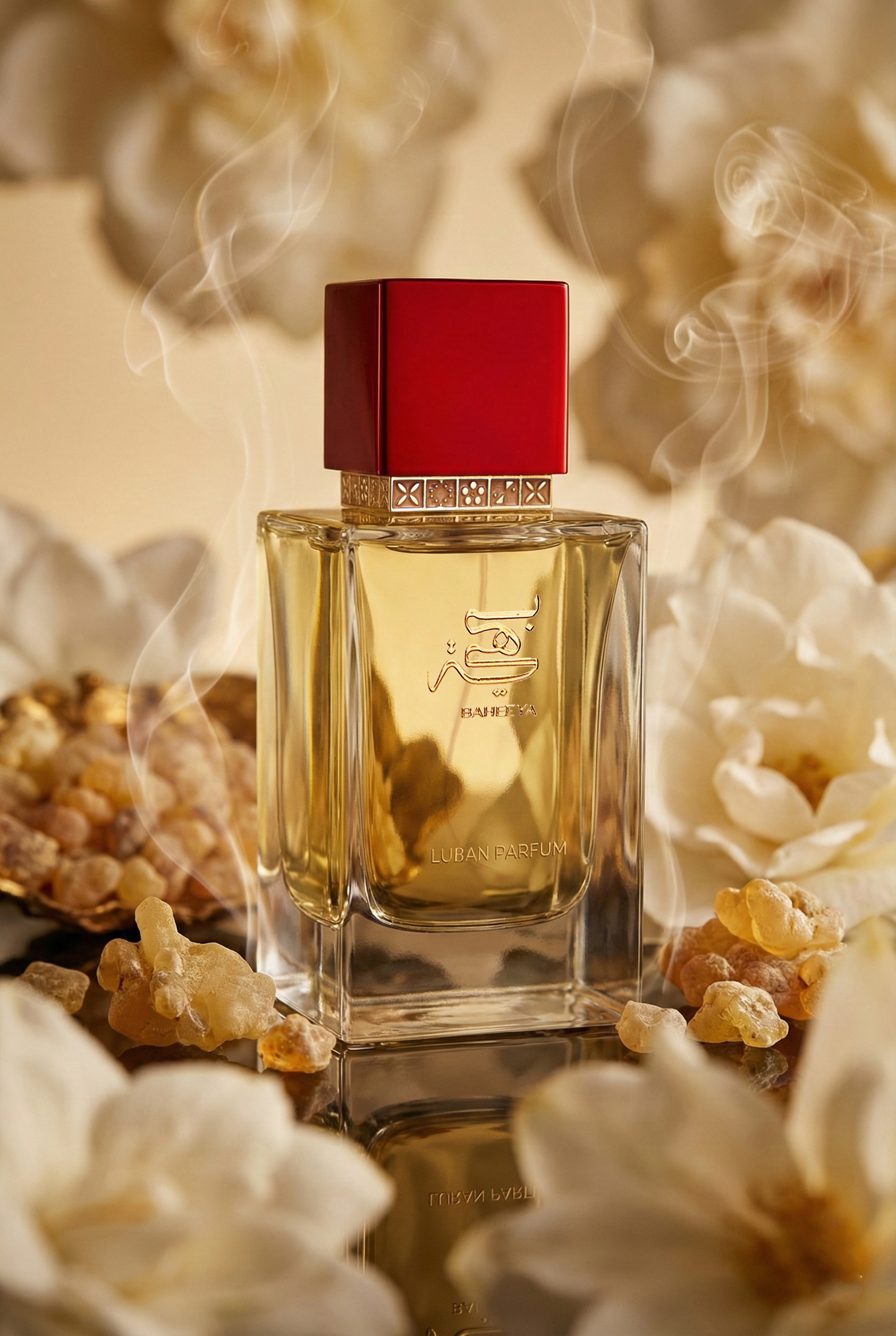 Perfume bottle with a red cap surrounded by luban resin on a reflective surface